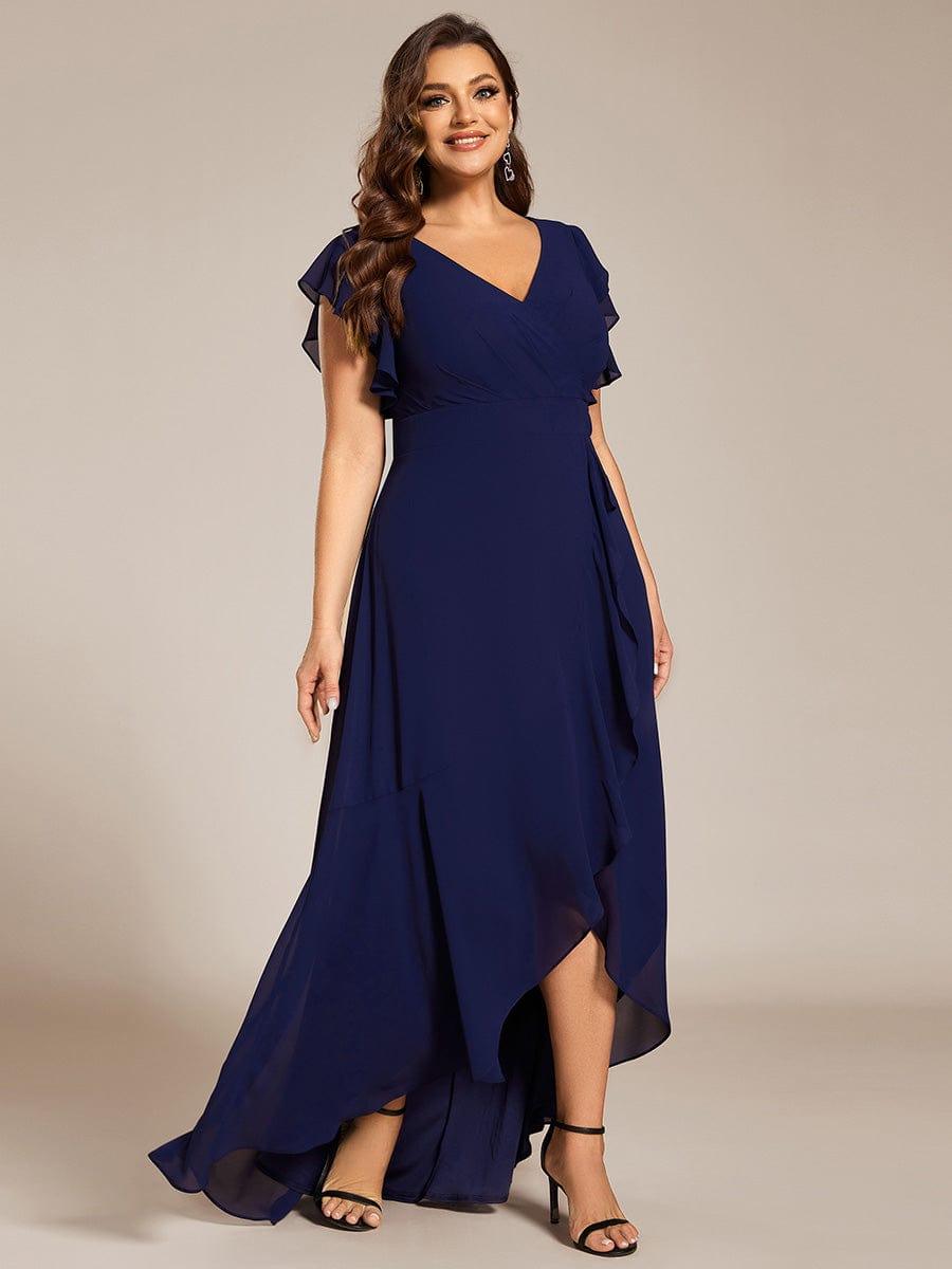 Celia | Plus Size A-Line Chiffon High-Low Bridesmaid Dress with Ruffled Sleeve