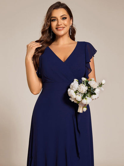 Celia | Plus Size A-Line Chiffon High-Low Bridesmaid Dress with Ruffled Sleeve