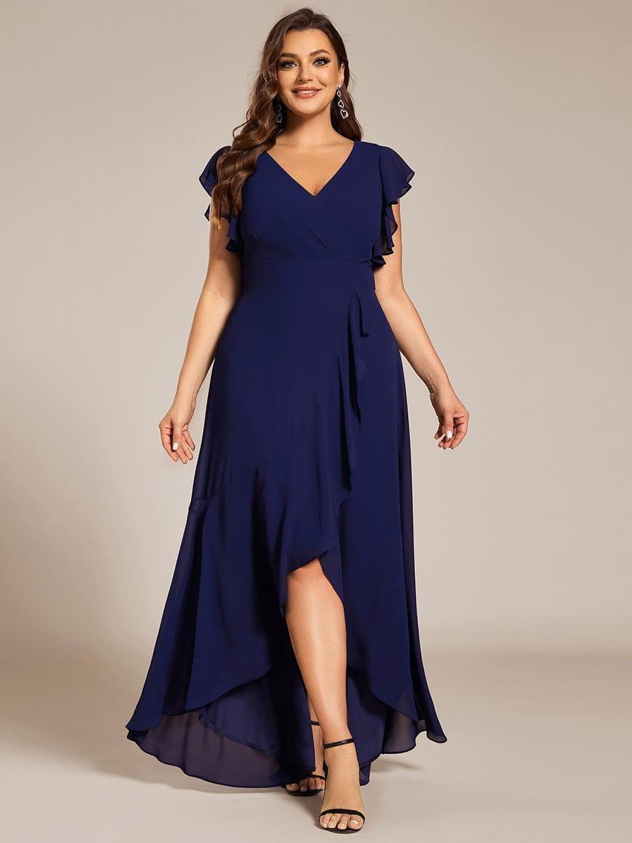 Celia | Plus Size A-Line Chiffon High-Low Bridesmaid Dress with Ruffled Sleeve