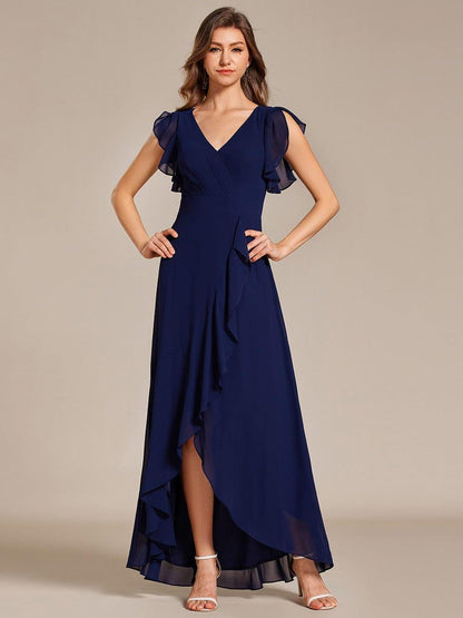 Celia | Elegant Ruffled Chiffon High-Low Bridesmaid Dress with Backless Design
