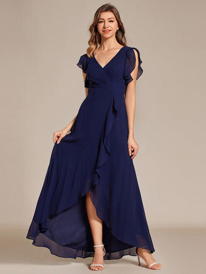 Celia | Elegant Ruffled Chiffon High-Low Bridesmaid Dress with Backless Design