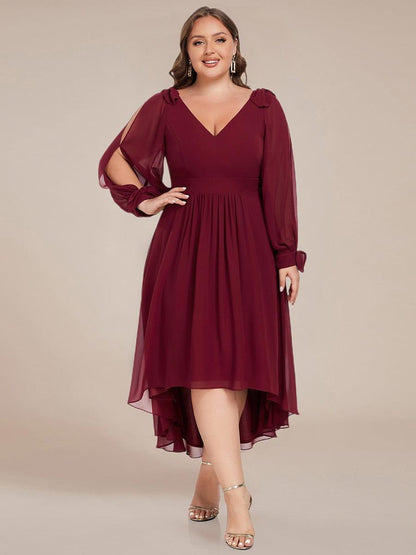 ever MYLAN|Long Sleeve V-Neck Midi Asymmetrical Hem Chiffon Bridesmaid Dress