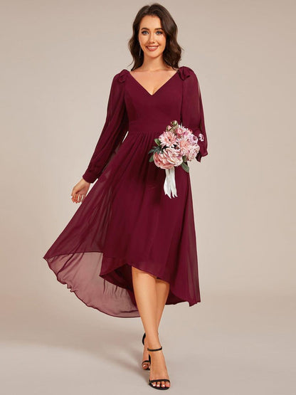 ever MYLAN|Long Sleeve V-Neck Midi Asymmetrical Hem Chiffon Bridesmaid Dress