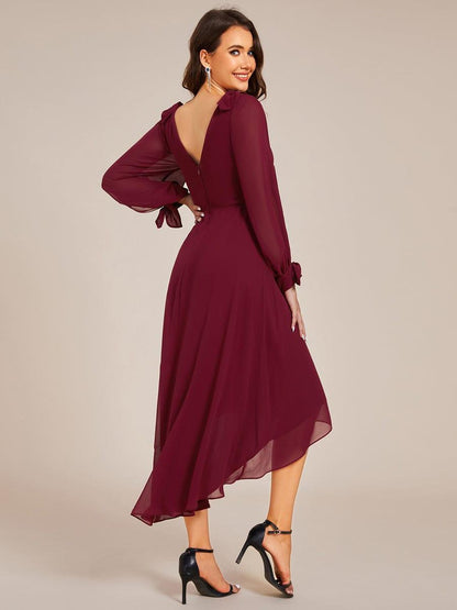 ever MYLAN|Long Sleeve V-Neck Midi Asymmetrical Hem Chiffon Bridesmaid Dress