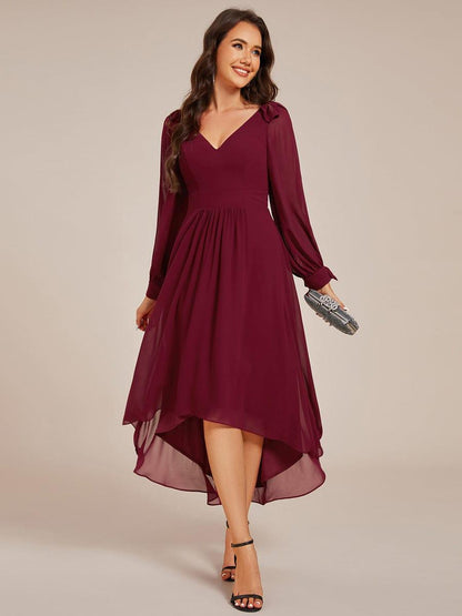ever MYLAN|Long Sleeve V-Neck Midi Asymmetrical Hem Chiffon Bridesmaid Dress