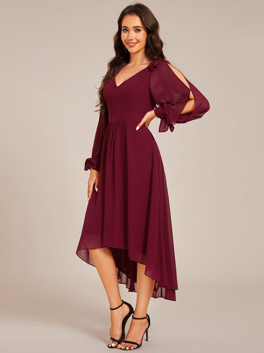 ever MYLAN|Long Sleeve V-Neck Midi Asymmetrical Hem Chiffon Bridesmaid Dress
