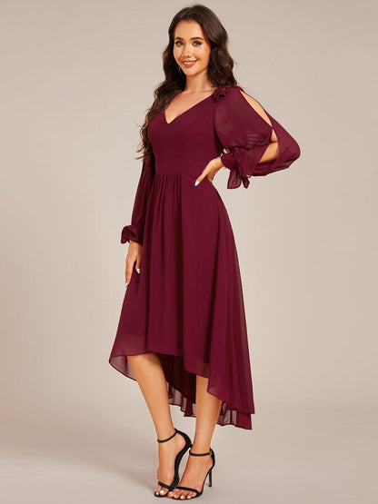 ever MYLAN|Long Sleeve V-Neck Midi Asymmetrical Hem Chiffon Bridesmaid Dress