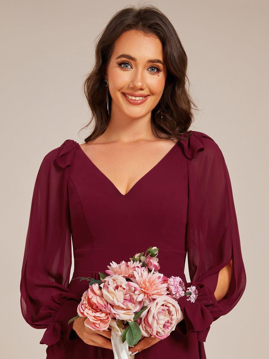 ever MYLAN|Long Sleeve V-Neck Midi Asymmetrical Hem Chiffon Bridesmaid Dress