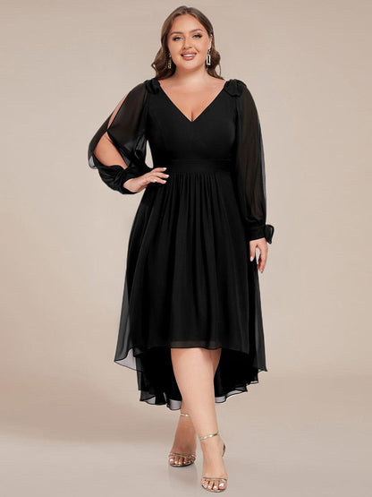 ever MYLAN|Long Sleeve V-Neck Midi Asymmetrical Hem Chiffon Bridesmaid Dress