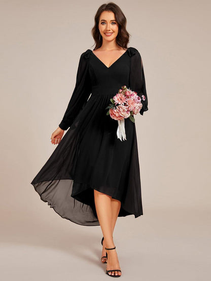 ever MYLAN|Long Sleeve V-Neck Midi Asymmetrical Hem Chiffon Bridesmaid Dress