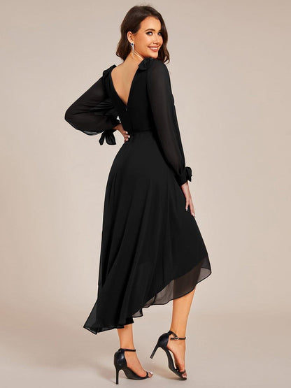 ever MYLAN|Long Sleeve V-Neck Midi Asymmetrical Hem Chiffon Bridesmaid Dress