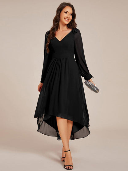 ever MYLAN|Long Sleeve V-Neck Midi Asymmetrical Hem Chiffon Bridesmaid Dress