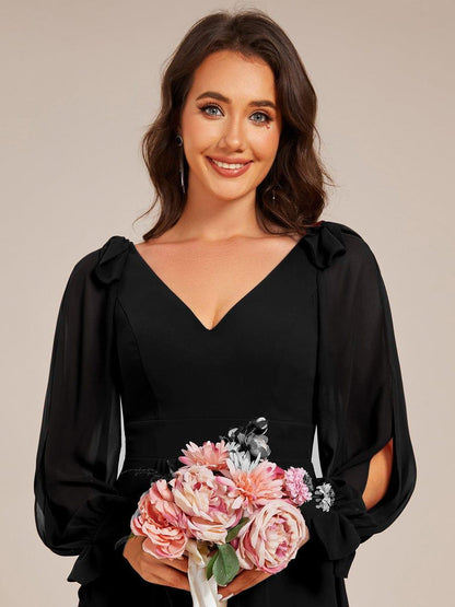 ever MYLAN|Long Sleeve V-Neck Midi Asymmetrical Hem Chiffon Bridesmaid Dress