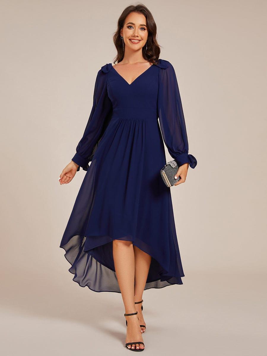 ever MYLAN|Long Sleeve V-Neck Midi Asymmetrical Hem Chiffon Bridesmaid Dress