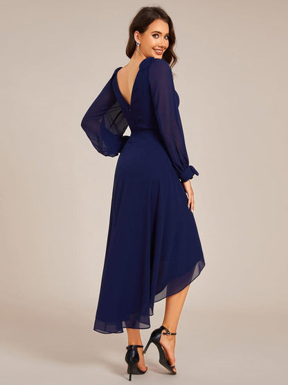 ever MYLAN|Long Sleeve V-Neck Midi Asymmetrical Hem Chiffon Bridesmaid Dress