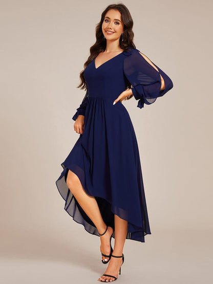 ever MYLAN|Long Sleeve V-Neck Midi Asymmetrical Hem Chiffon Bridesmaid Dress