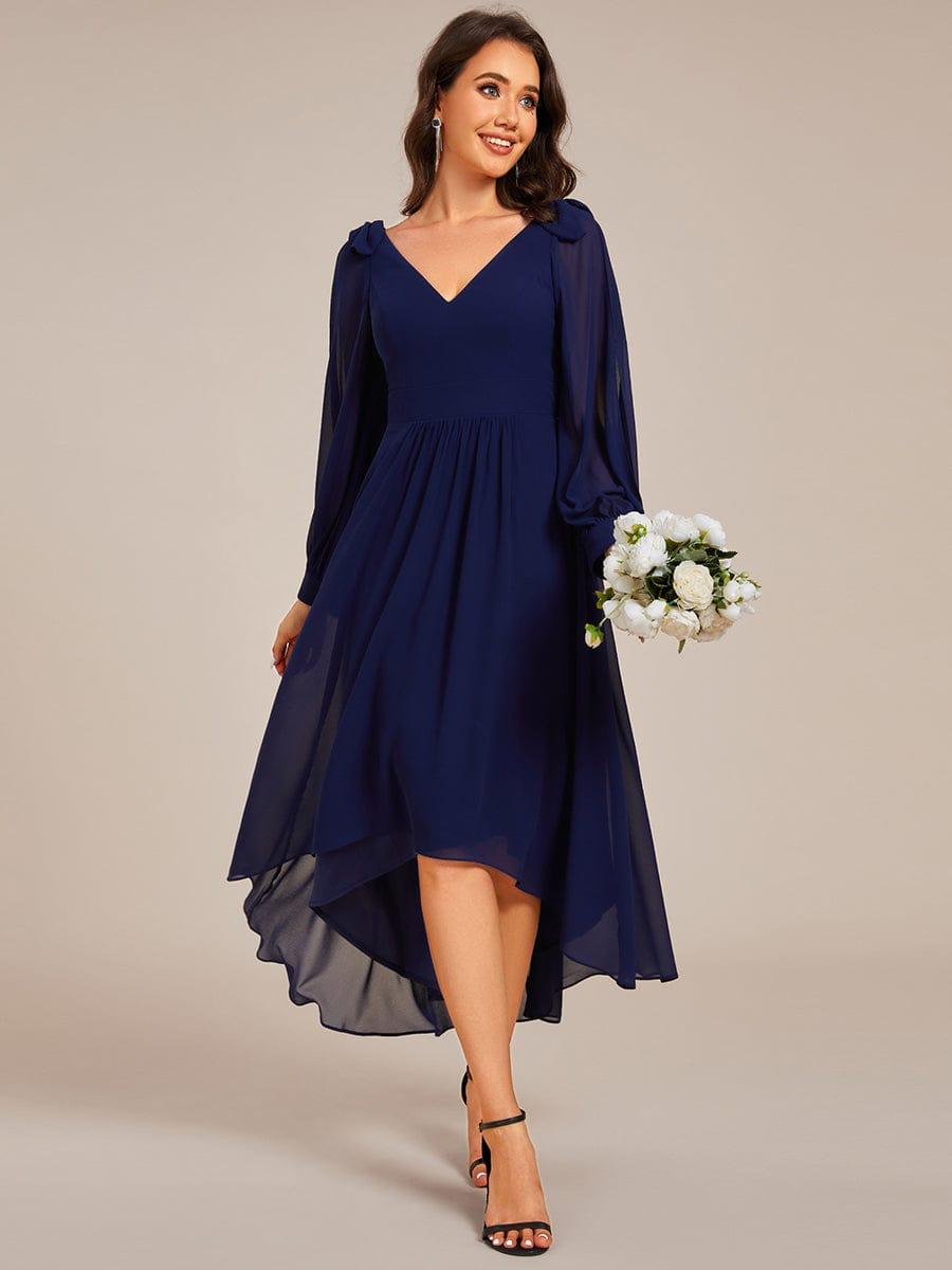 ever MYLAN|Long Sleeve V-Neck Midi Asymmetrical Hem Chiffon Bridesmaid Dress