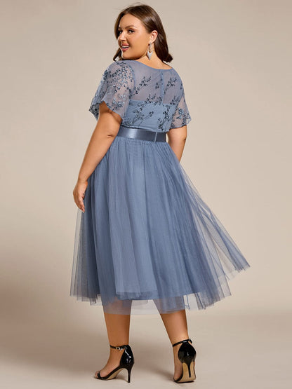 pretty MARA|Plus Size Round Neckline Embellished Tulle Midi Junior Bridesmaid Dress