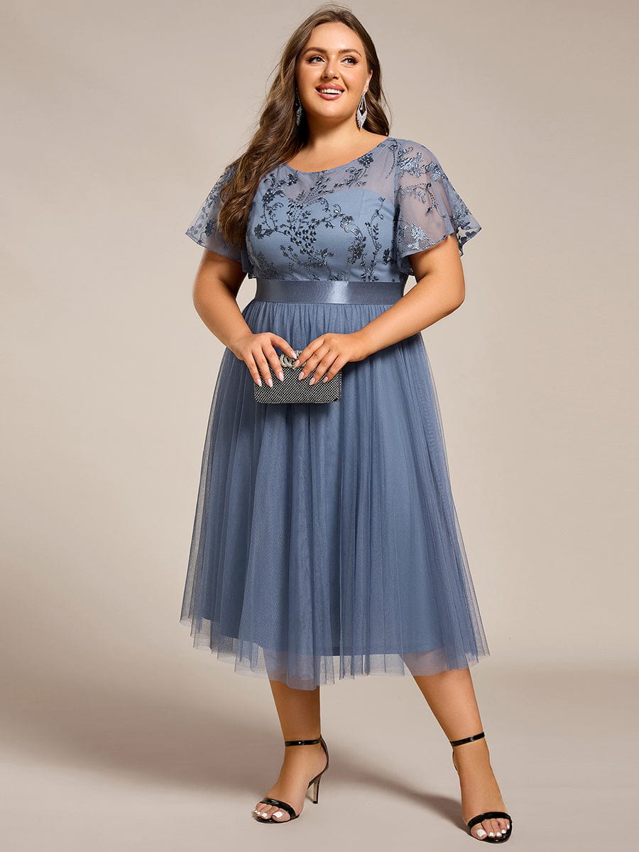 pretty MARA|Plus Size Round Neckline Embellished Tulle Midi Junior Bridesmaid Dress