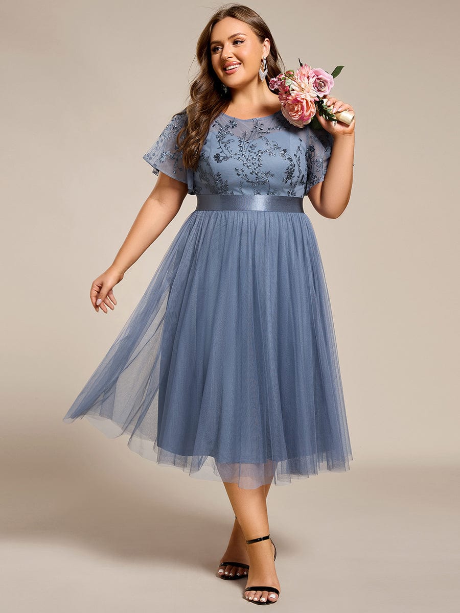 ever MARA|Embellished Tulle Midi Junior Bridesmaid Dress with Sheer Sleeves