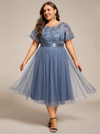 pretty MARA|Plus Size Round Neckline Embellished Tulle Midi Junior Bridesmaid Dress