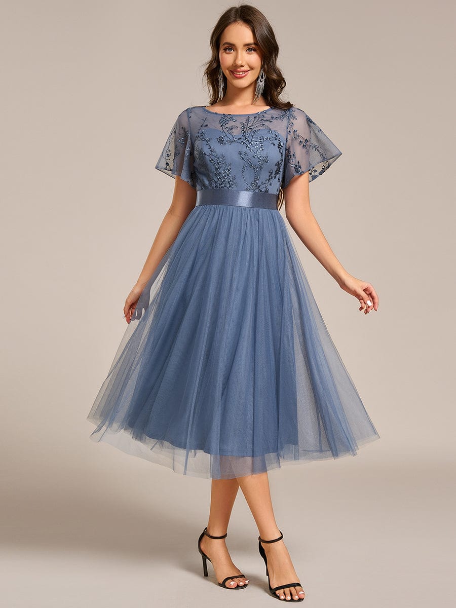 ever MARA|Embellished Tulle Midi Junior Bridesmaid Dress with Sheer Sleeves