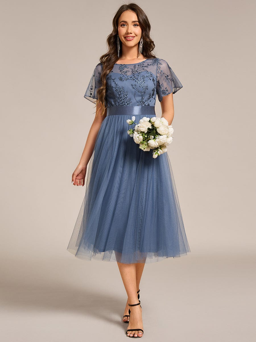 ever MARA|Embellished Tulle Midi Junior Bridesmaid Dress with Sheer Sleeves
