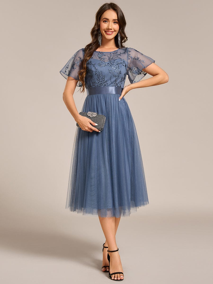 ever MARA|Embellished Tulle Midi Junior Bridesmaid Dress with Sheer Sleeves