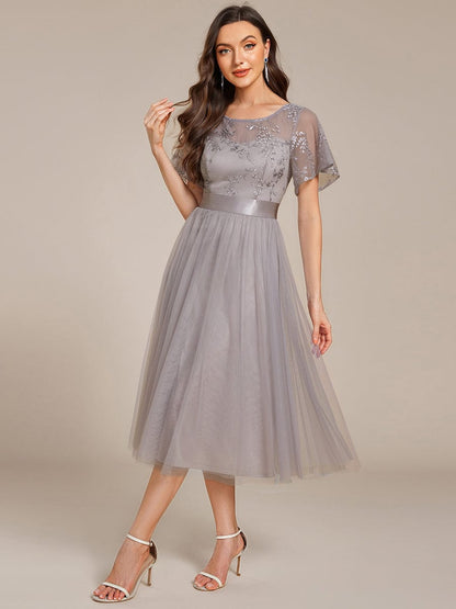 ever MARA|Embellished Tulle Midi Junior Bridesmaid Dress with Sheer Sleeves