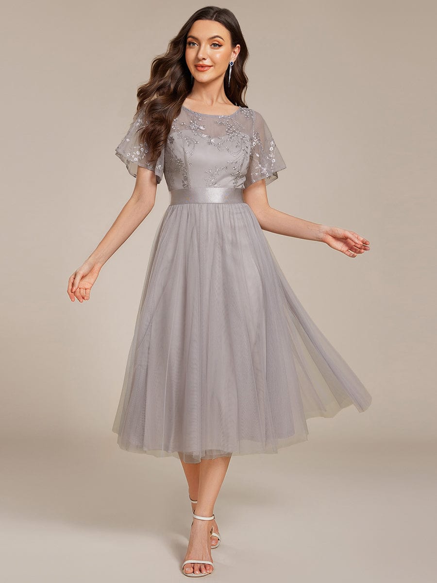 ever MARA|Embellished Tulle Midi Junior Bridesmaid Dress with Sheer Sleeves