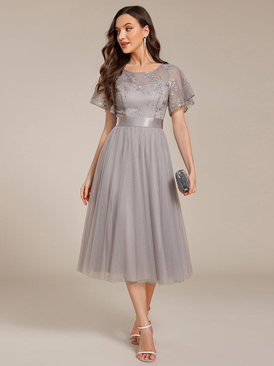 ever MARA|Embellished Tulle Midi Junior Bridesmaid Dress with Sheer Sleeves