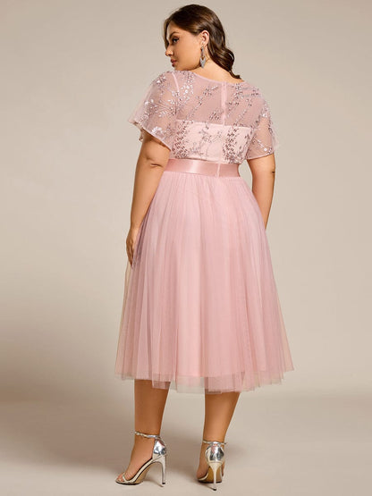 pretty MARA|Plus Size Round Neckline Embellished Tulle Midi Junior Bridesmaid Dress