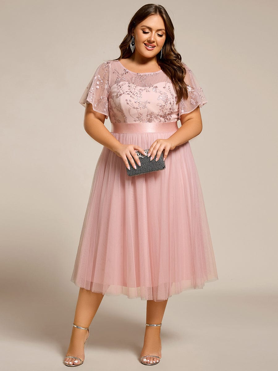 pretty MARA|Plus Size Round Neckline Embellished Tulle Midi Junior Bridesmaid Dress