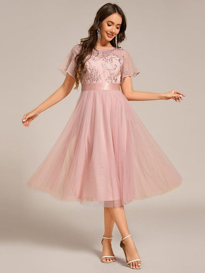 ever MARA|Embellished Tulle Midi Junior Bridesmaid Dress with Sheer Sleeves