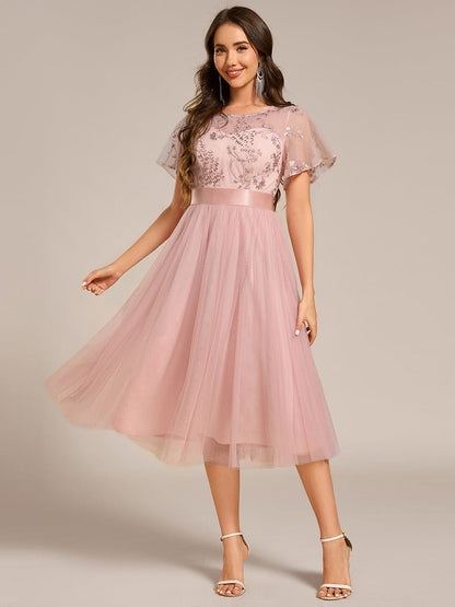 ever MARA|Embellished Tulle Midi Junior Bridesmaid Dress with Sheer Sleeves