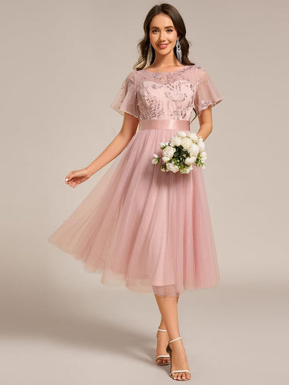ever MARA|Embellished Tulle Midi Junior Bridesmaid Dress with Sheer Sleeves