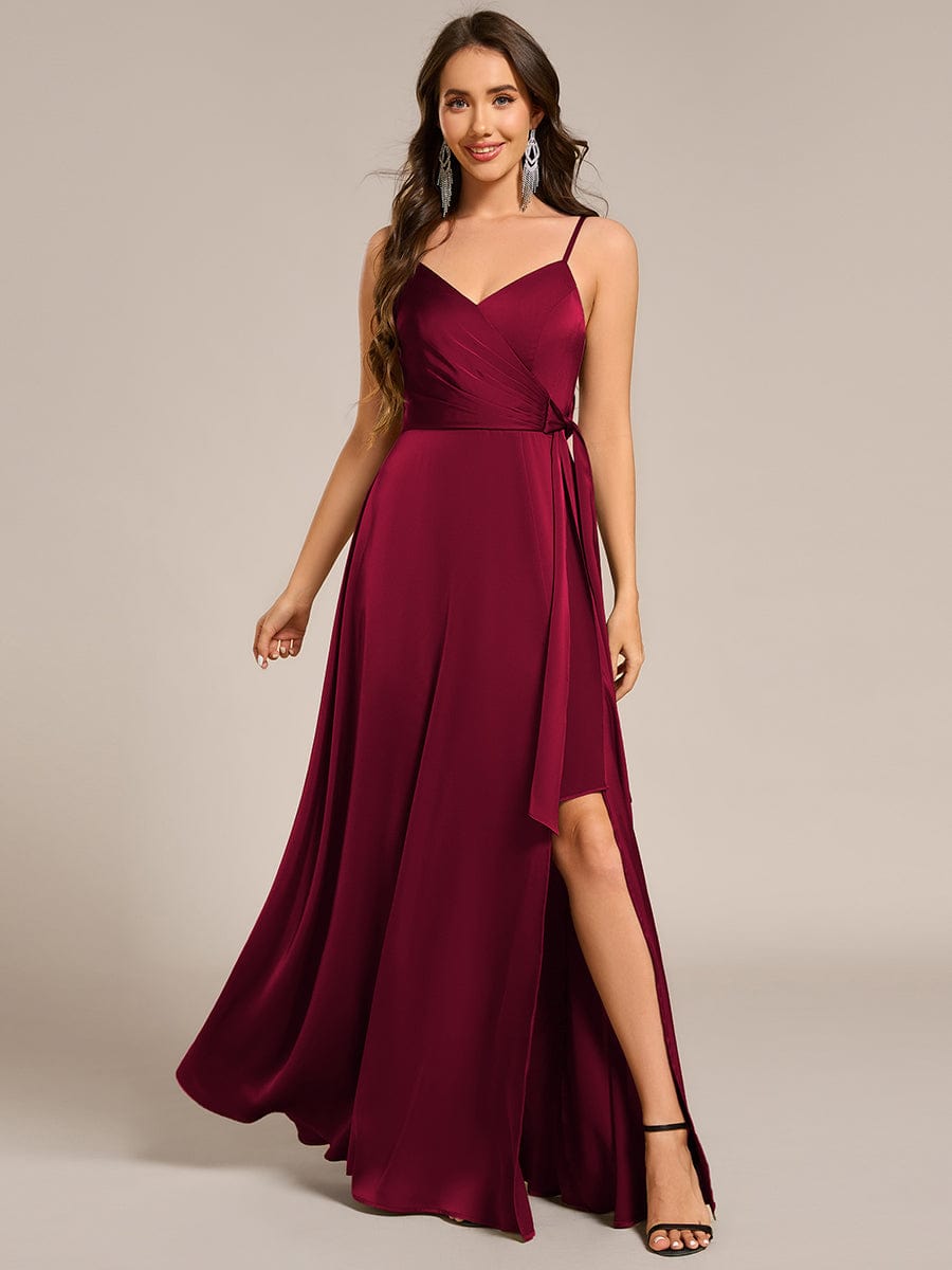 ever IYLA|Wrap-Style Spaghetti Strap Maxi Satin Bridesmaid Dress