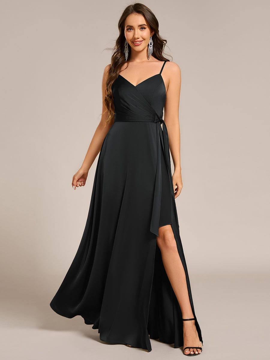 ever IYLA|Wrap-Style Spaghetti Strap Maxi Satin Bridesmaid Dress
