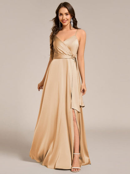 ever IYLA|Wrap-Style Spaghetti Strap Maxi Satin Bridesmaid Dress