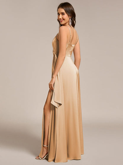 ever IYLA|Wrap-Style Spaghetti Strap Maxi Satin Bridesmaid Dress