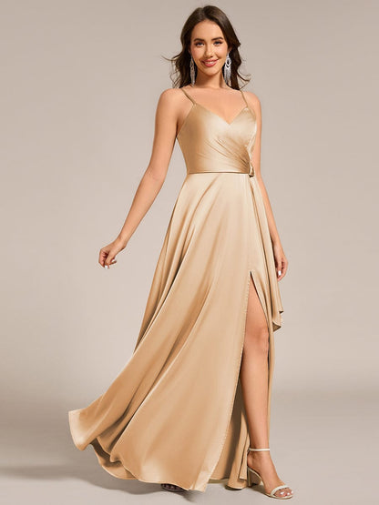 ever IYLA|Wrap-Style Spaghetti Strap Maxi Satin Bridesmaid Dress