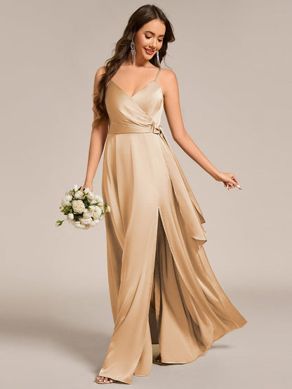 ever IYLA|Wrap-Style Spaghetti Strap Maxi Satin Bridesmaid Dress