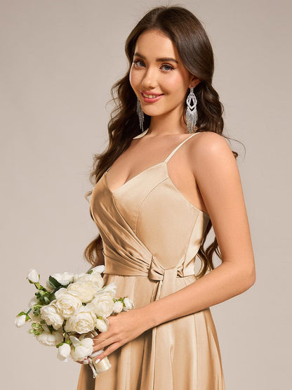 ever IYLA|Wrap-Style Spaghetti Strap Maxi Satin Bridesmaid Dress
