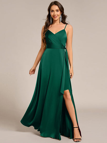 ever IYLA|Wrap-Style Spaghetti Strap Maxi Satin Bridesmaid Dress