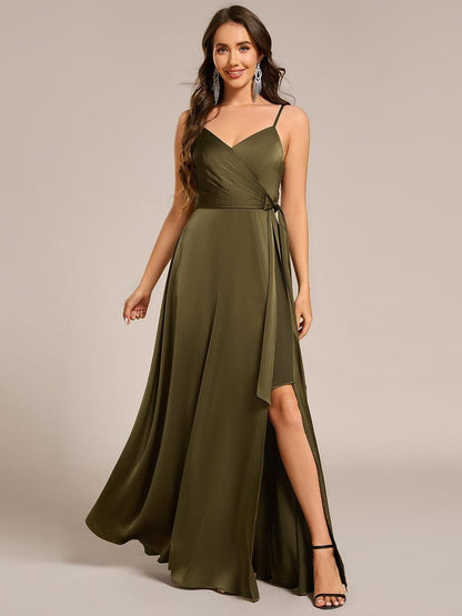 ever IYLA|Wrap-Style Spaghetti Strap Maxi Satin Bridesmaid Dress
