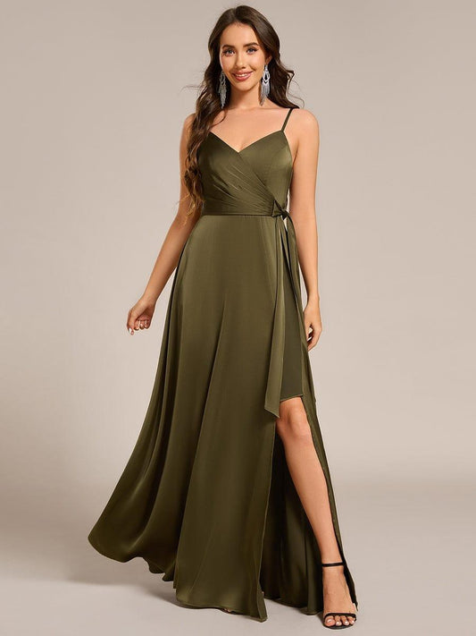 ever IYLA|Wrap-Style Spaghetti Strap Maxi Satin Bridesmaid Dress