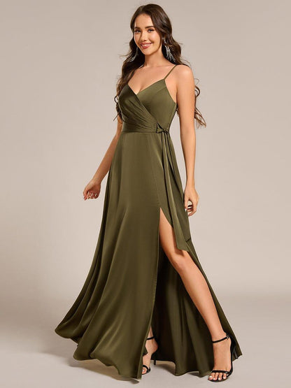 ever IYLA|Wrap-Style Spaghetti Strap Maxi Satin Bridesmaid Dress