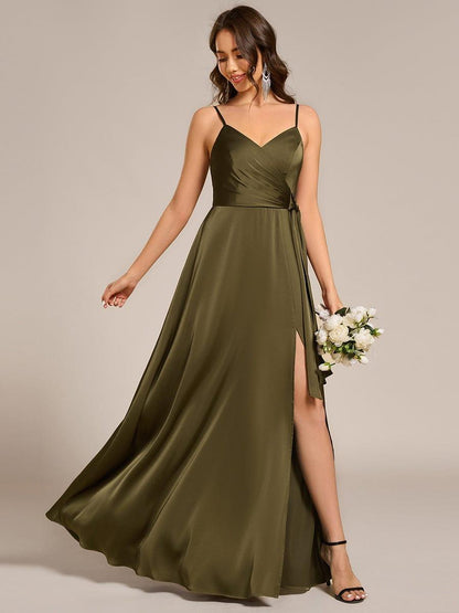 ever IYLA|Wrap-Style Spaghetti Strap Maxi Satin Bridesmaid Dress