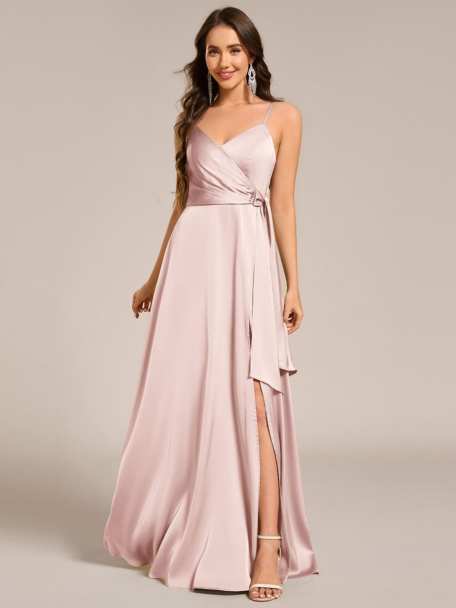 ever IYLA|Wrap-Style Spaghetti Strap Maxi Satin Bridesmaid Dress