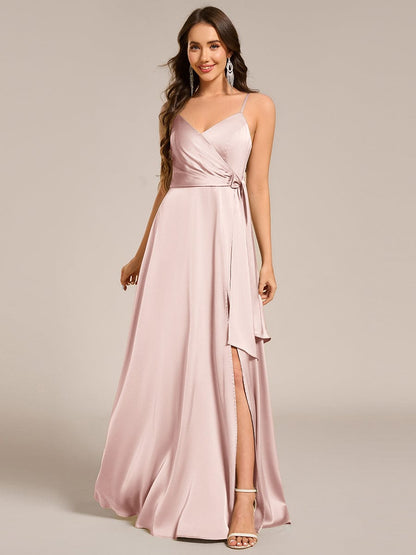 ever IYLA|Wrap-Style Spaghetti Strap Maxi Satin Bridesmaid Dress